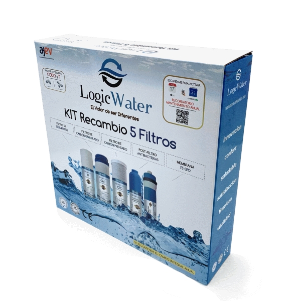 Pack 5 FILTROS OSMOSIS LOGIC WATER, SEDIMENTOS, CARBN PRENSADO Y GRANULADO, MEMBRANA, POST FILTRO, Recambios Repuestos de para fontaneria fontaneros cartuchos osmotizada fuentes fliltrada CINCO CARBON ACTIVO sedimentos