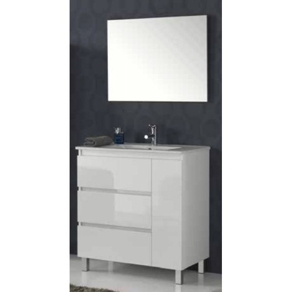 Conjunto Completo BEVERLY 80 3C y 1P con patas (mueble, lavabo, espejo y aplique) Blanco Brillo VALM, 3 cajones y 1 puerta una tres