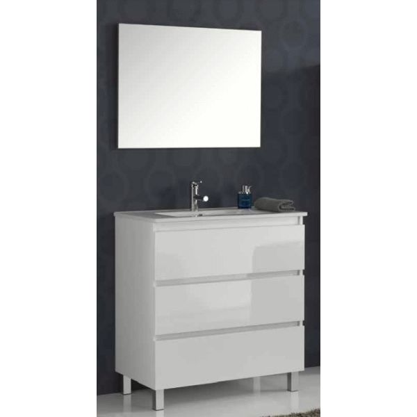 Conjunto Completo BEVERLY 80 3C con patas (mueble, lavabo, espejo y aplique) Blanco Brillo VALMAN, tres cajones