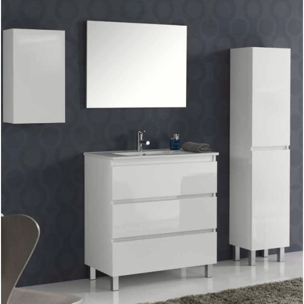 Conjunto Completo BEVERLY 100 3C con patas (mueble, lavabo, espejo y aplique) Blanco Brillo VALMAN, 