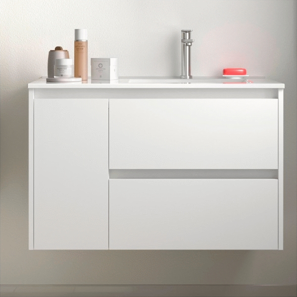 Conjunto NOJA 855 2C 1PI (mueble+lavabo) Blanco brillo SALGAR 106142, 85 cm 86 850 860 mm izquierda izq. izquierdo dos cajones puesta