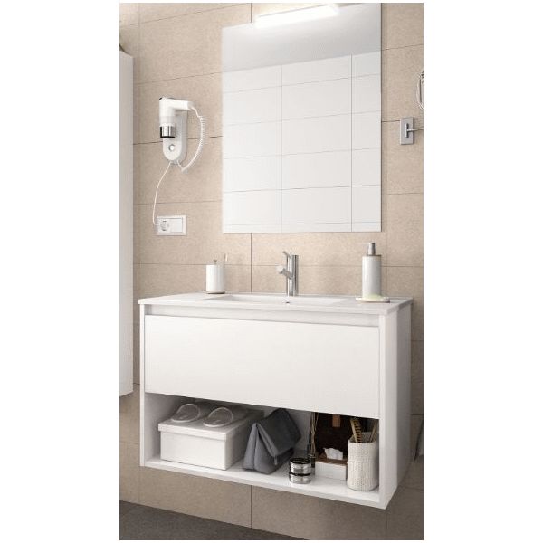 Conjunto completo NOJA 1000 (Mueble+Lavabo+Espejo+Aplique) 1 cajn y 1 hueco Blanco SALGAR DSCTL, Salgar Lababos washbasin basin lavavos Lavabos de bao suspendido led porcelana