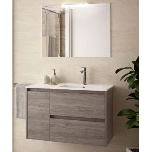 Conjunto completo NOJA 855 2C 1PI (mueble+lavabo+espejo+aplique Led) Roble Eternity SALGAR 85059, 