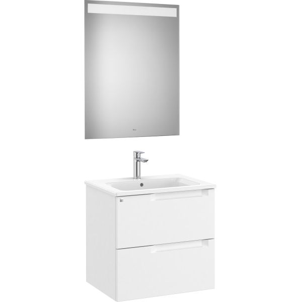 Conjunto 2C ALEYDA 600 (mueble + lavabo + espejo LED) Blanco mate ROCA A851833509, dos cajones suspendido