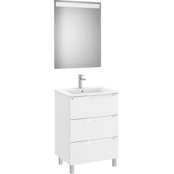 Conjunto 3C ALEYDA 600 (mueble + lavabo + espejo LED) Blanco mate ROCA A851841509, tres cajones a suelo con patas