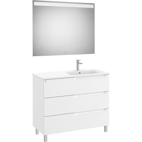 Conjunto 3C ALEYDA 1000 (mueble + lavabo DERECHA + espejo LED) Blanco mate ROCA A851846509, con PATAS A SUELO tres cajones