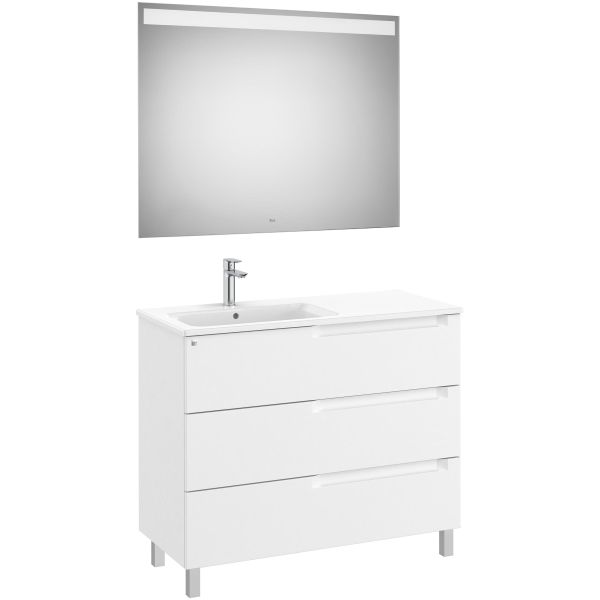 Conjunto completo 3C ALEYDA 1000 (mueble + lavabo IZQUIERDA+espejo LED) Blanco mate ROCA A851848509, tres cajones a suelo patas