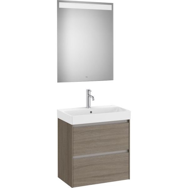 Conjunto 2C ONA 600 Fondo Reducido (mueble + lavabo 36 cm + espejo LED) Olmo Oscuro ROCA, 