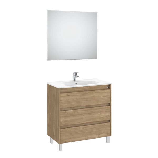 Conjunto 3C TENET 800 (mueble + lavabo + espejo y aplique LED) nogal ROCA A851791517, 