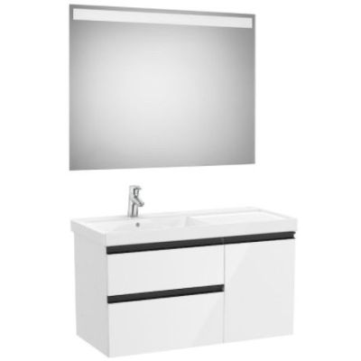 Pack DOMI 1000mm 2C 1P (mueble base + lavabo izquierda + espejo LED) blanco brillo ROCA, 