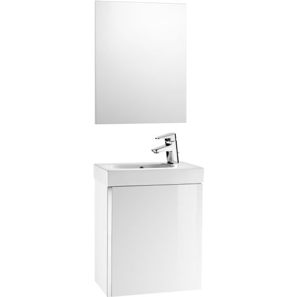 CONJUNTO DE MUEBLE MINI DE 450 mm CON LAVABO Y ESPEJO COLOR BLANCO BRILLO ROCA, Lababos washbasin basin lavavos Lavabos