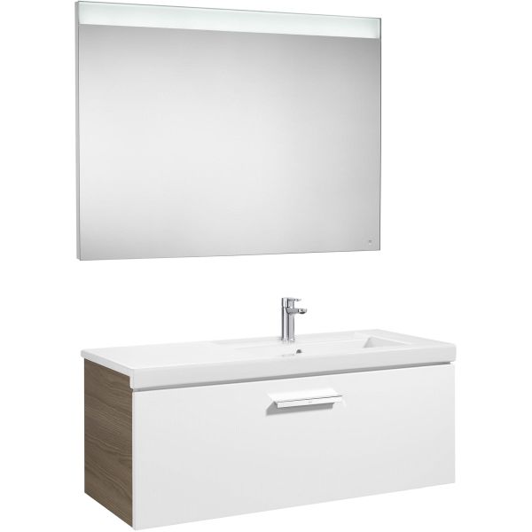 PACK PRISMA DE 900 mm DERECHA 1 CAJON FRONTAL BLANCO LATERAL FRESNO (MUEBLE+LAVABO+ESPEJO LED) ROCA, Lababos washbasin basin lavavos Lavabos