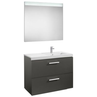 PACK PRISMA DE 900 mm  DERECHA 2 CAJONES GRIS ANTRACITA BRILLO (MUEBLE+LAVABO+ESPEJO LED) ROCA, Lababos washbasin basin lavavos Lavabos