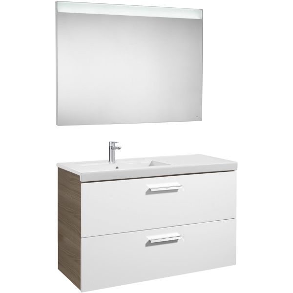 PACK PRISMA DE 1100 mm IZQUIERDA 2 CAJONES BLANCO-FRESNO (MUEBLE+LAVABO+ESPEJO LED) ROCA, Lababos washbasin basin lavavos Lavabos