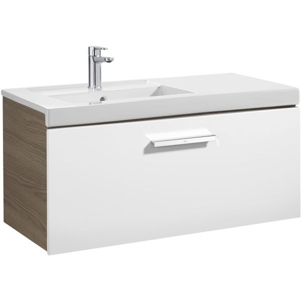 MUEBLE UNIK PRISMA DE 900 mm IZQUIERDA 1 CAJON FRONTAL BLANCO LATERAL FRESNO (MUEBLE+LAVABO) ROCA, Lababos washbasin basin lavavos Lavabos