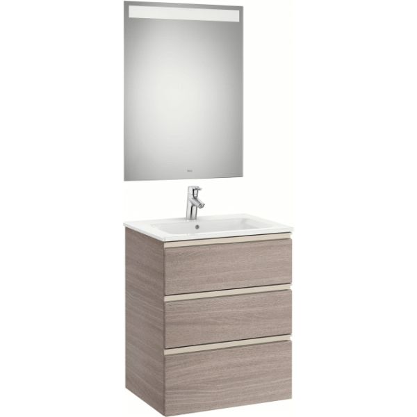 Pack THE GAP 600x460mm 3C (mueble+lavabo central + espejo EIDOS LED) Roble City ROCA A851517402, CONJUNTO MUEBLE TRES CAJONES 3 CON ESPEJO DE 60 CM 600