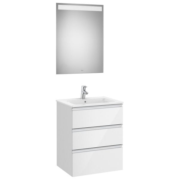 Pack THE GAP 605x460mm 3C (mueble+lavabo+espejo led) alt 763mm Blanco Brillo ROCA, tres cajones suspendido kit conjunto