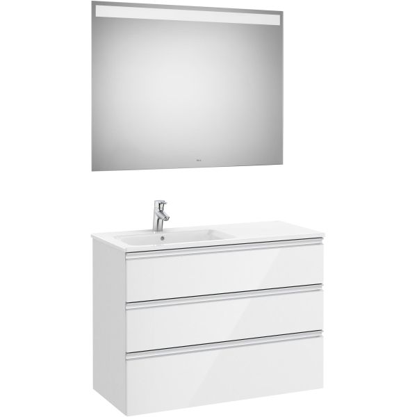 Pack THE GAP 3 cajones (mueble+lavabo izquierda+espejo Led) 1000x460x763mm Blanco Brillo ROCA, 100 cm 1000 mm 45 450 46 460 fondo ancho espejo mueble de