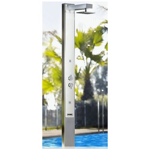 DUCHA INOXIDABLE MATE IGUAZU CON EMBELLECEDOR FRONTAL BLANCO PARA PISCINA REF. 53874 FLUIDRA, DUCHAS INOX ASTRAL Descripcin: Ducha de acero inoxidable mate AISI-316 que incorpora embellecedor frontal blanco en "solid surface". Rociador cenital cuadrado de latn cromado antical, 2 jets frontales con efecto nebulizador controlado por una vlvula inversor de 2 vas. Caudal y temperatura del agua estn reguladas por una vlvula mezcladora. alcachofas BALBULAS Enbellecedores