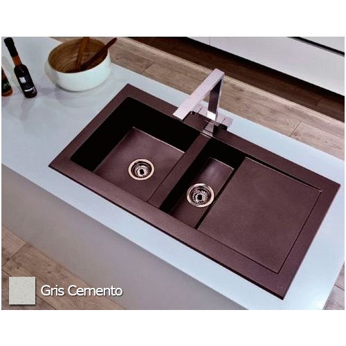 Fregadero sobre encimera ULISES de 1 cubeta + 1/2 cubeta + escurridera de 968 mm x 500 mm Gris Cemen, GRIFERIAS GRIFOS fregaderas repisas bancadas boca kitchen sink picas repisa bancada